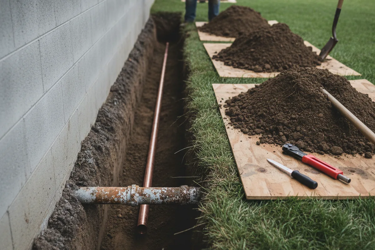 Excavated water line trench during Water Softener Installation in Antlers